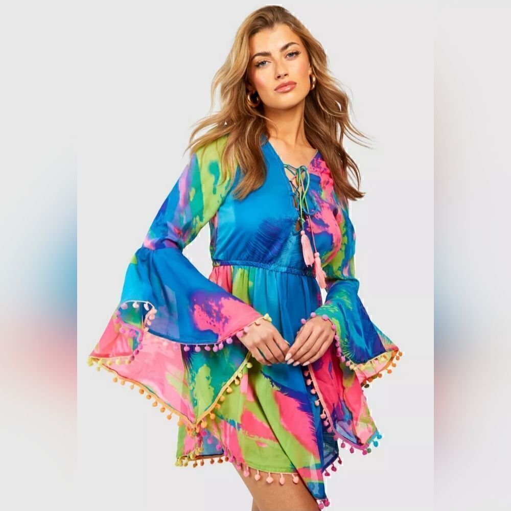 Boohoo Neon PomPom Tropical Beach Dress